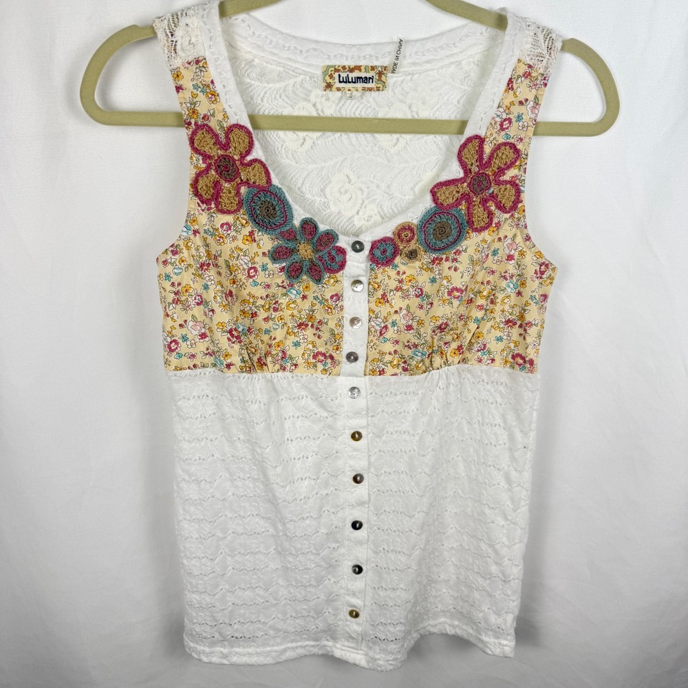 Lulumari Cotton Sleeveless Peasant Embroidered Lace Tank Top Small Boho Hippie